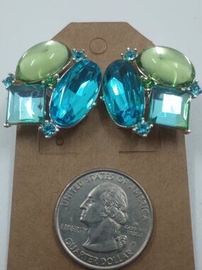 Vintage AVON Green and Blue Rhinestone Clip Earrings.